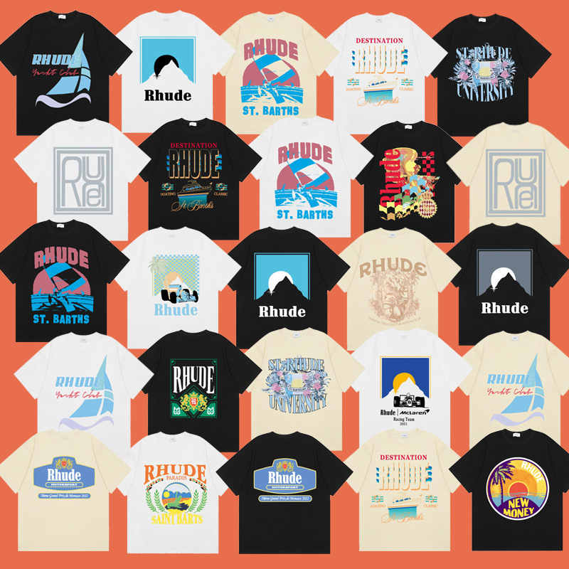 High Quality Beauty Tide RHUDE Short Sleeve Coconut Tree Racing All Match Tunnel Abstract High Street Loose Couple Casual T-Shirt Summer