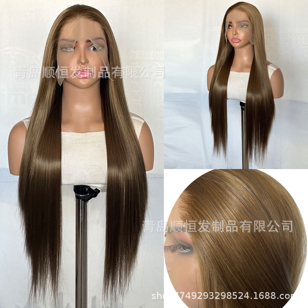 Cross-Border Wig for Women with Long Hair, Lace Front, Golden Brown, Fashionable Long Straight Hair, Synthetic Fiber Matte High Temperature Silk Full Headgear