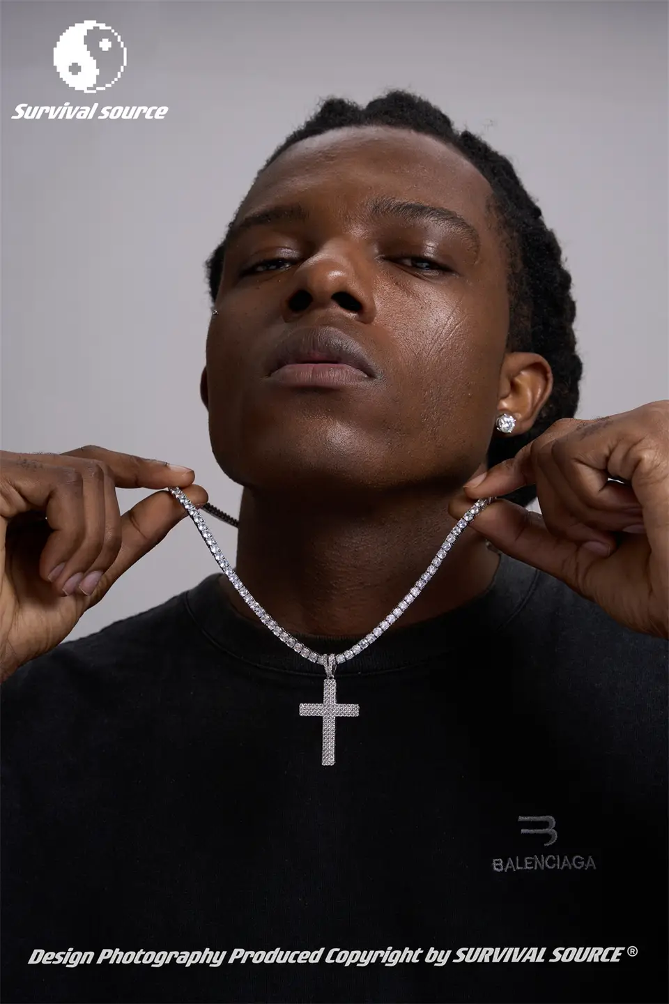 SSOURCE inlaid diamond cross pendant, natural zircon gold and silver necklace, European and American men's and women's necklace, rap