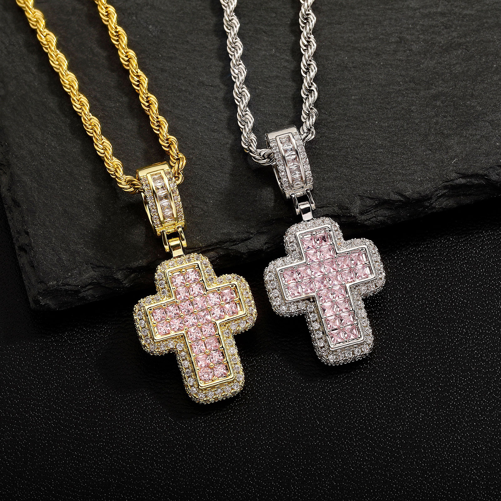 Fashionable Pink Cross Necklace with Cubic Zirconia, Personalized European and American Street Style Trendy Jewelry Wholesale, Light Luxury High-End
