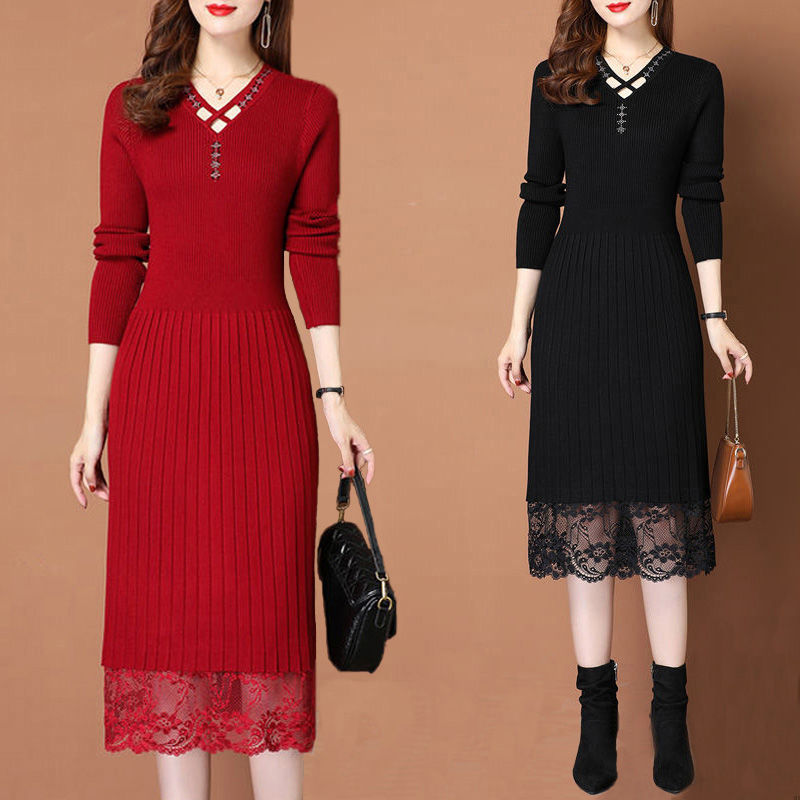 Autumn and Winter Mid-Length Knitted Dress 2025 New Women's Bottoming Shirt Women's Fashionable Lace Over-The-Knee Sweater Dress