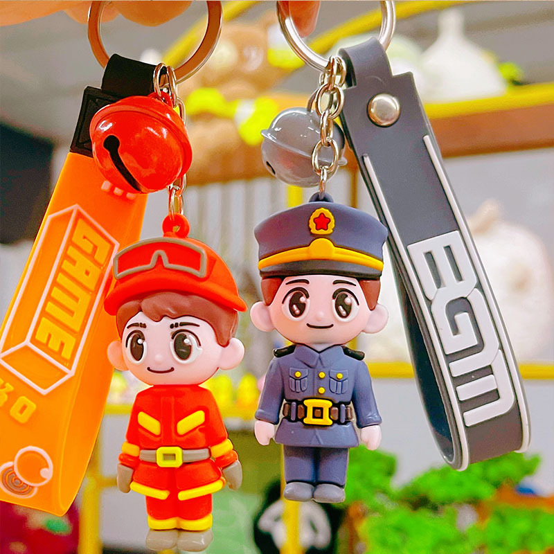 New Cartoon Firefighter Police Keychain Pvc Mixed Doll Car Key Bag Pendant Event Gift