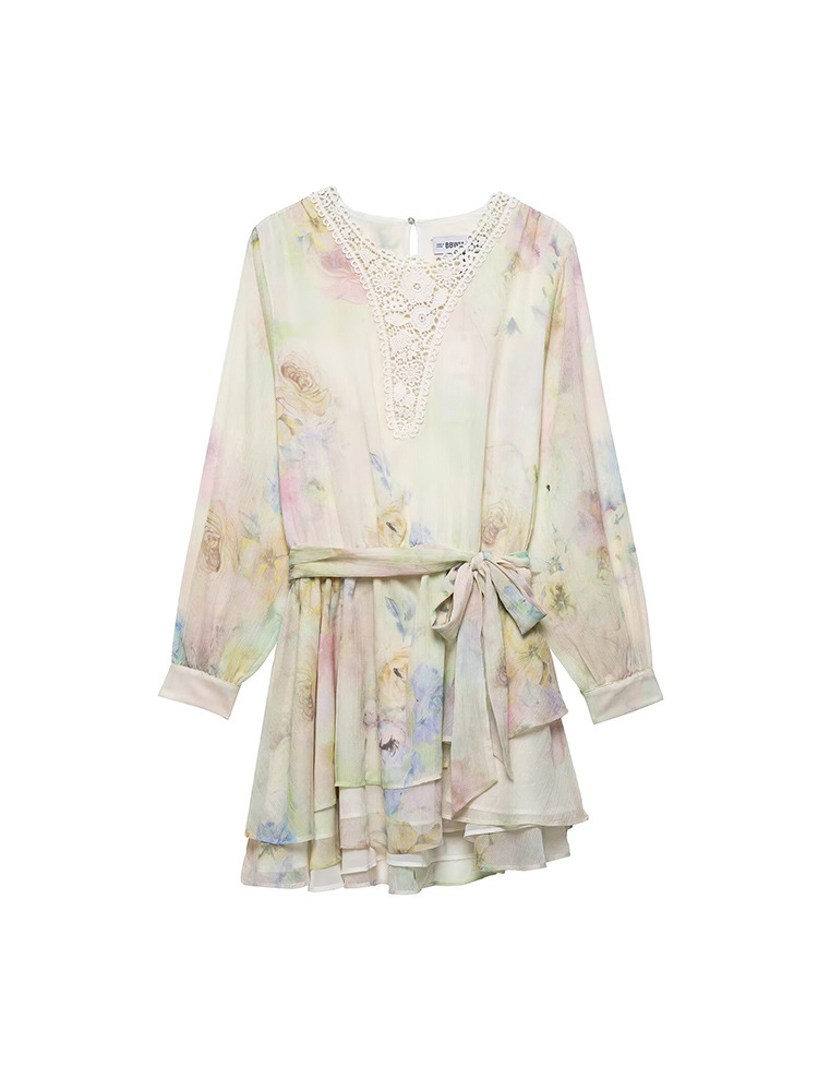 2025 Women's Spring and Summer New Fashion Elegant Crochet Printed Round Neck Long Sleeve Belted Short Dress