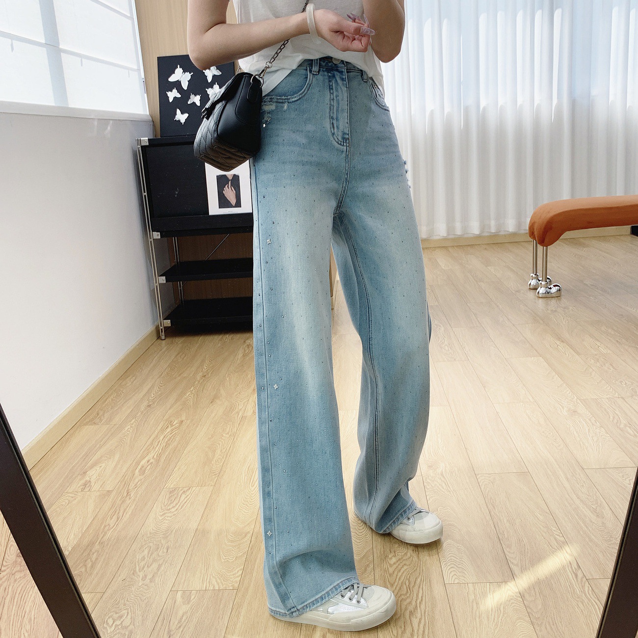High-Waisted Slimming Star-Patterned Rhinestone Ripped Straight-Leg Jeans for Women, Spring Loose Wide-Leg Pants, Spring and Autumn Long Pants