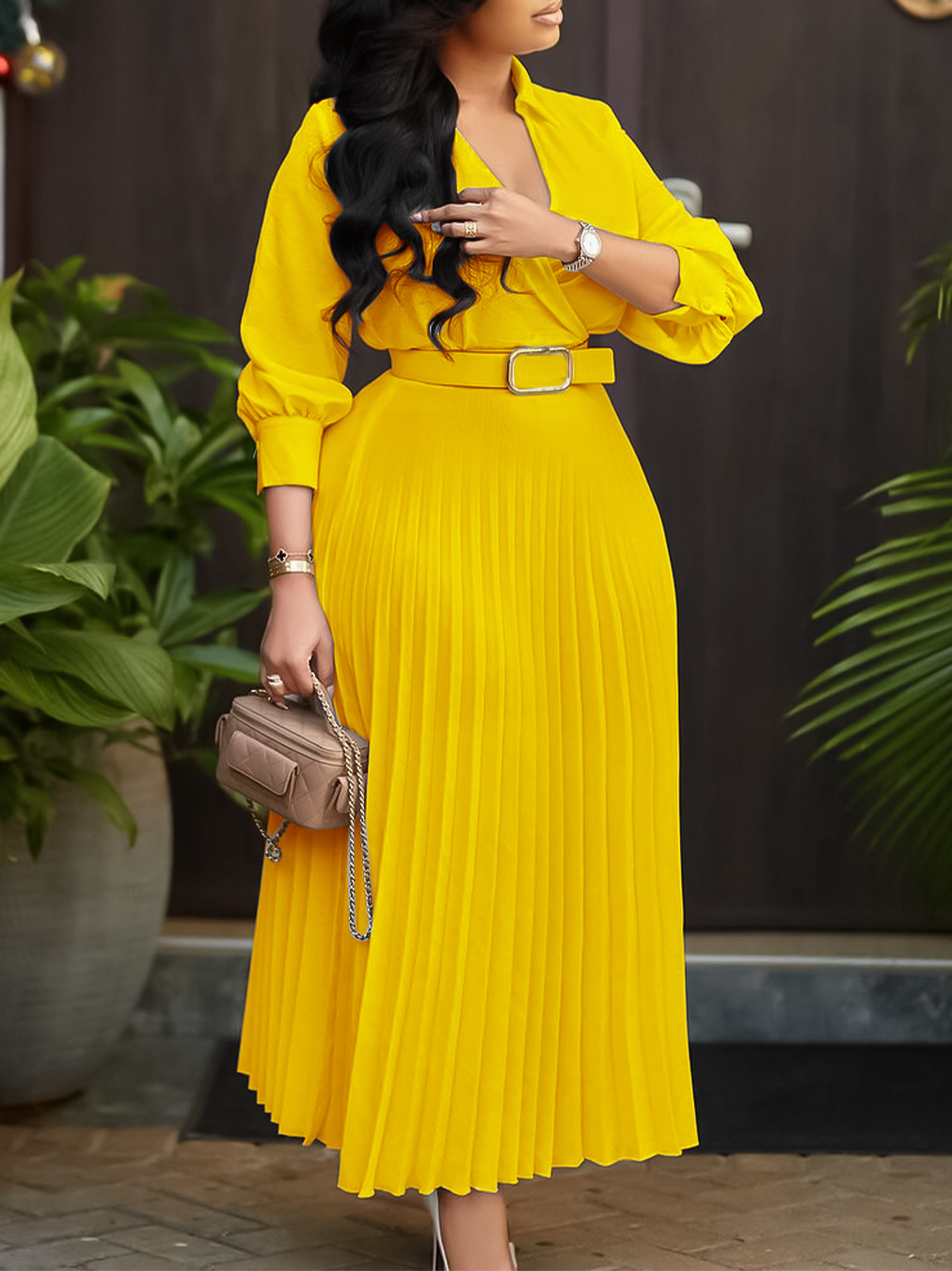D3327 Amazon Women's 2025 Spring New Fashion V-neck Solid Color Long Sleeve Large Skirt Pleated Foreign Trade dress