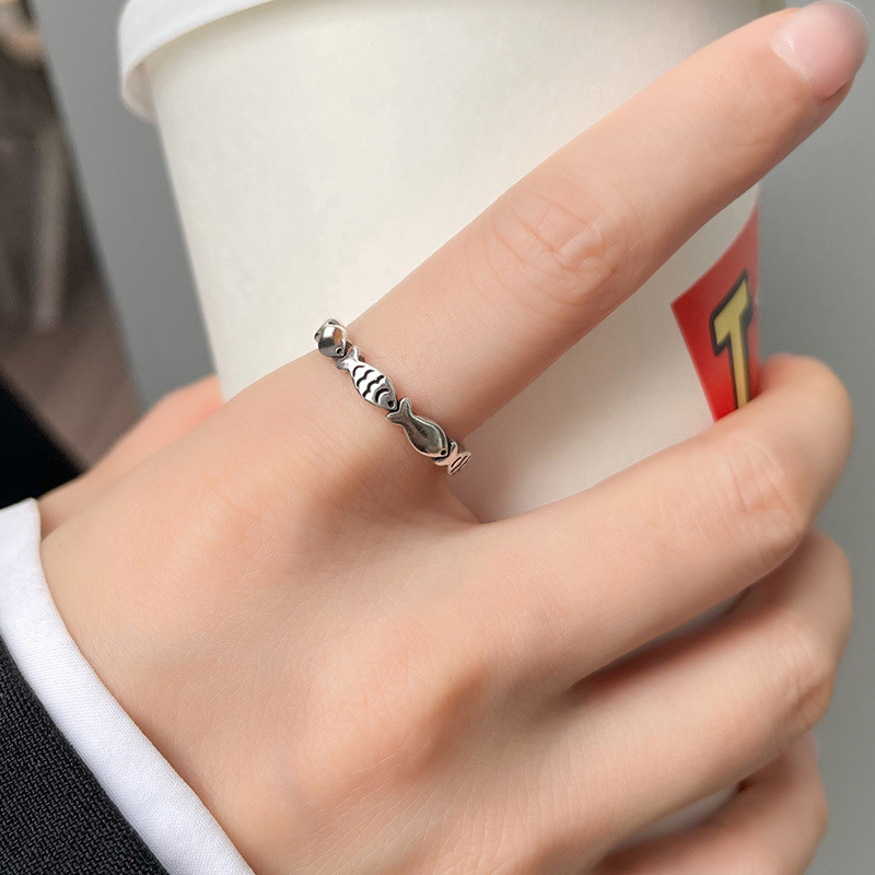Lan Zhi non-fading ring women's simple Joker small fish cute jewelry Korean open 925 sterling silver ring wholesale