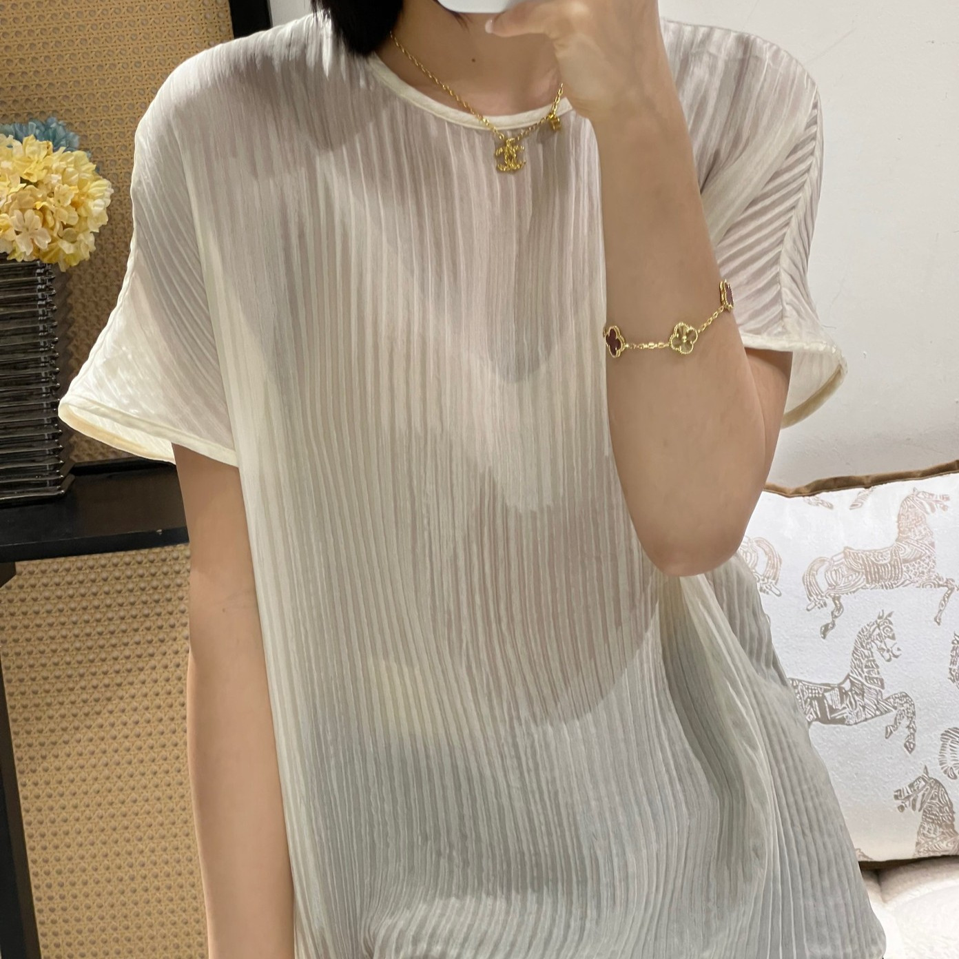 Double-Layer Silk Smooth Bubble Wrinkle Short-Sleeved T-Shirt 26 New Summer Style Loose Casual Round Neck Pullover Shirt Top
