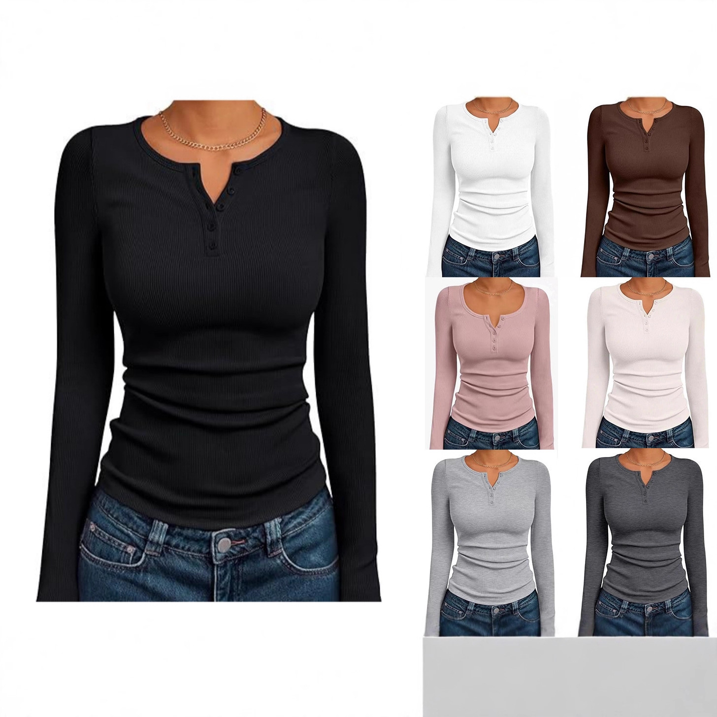 Amazon Fashion Women's Long Sleeve 2025 Autumn Slim Fit Henley Collar Top Ribbed Fashion Basic T-Shirt