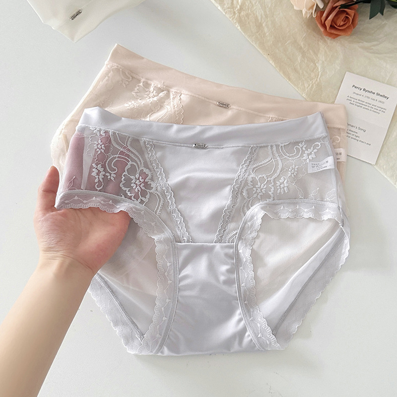 New Lace Panties for Women, Silky Satin Mid-Waist Sexy Women's Panties, 7A Antibacterial Pure Cotton Crotch Lace Women's Panties