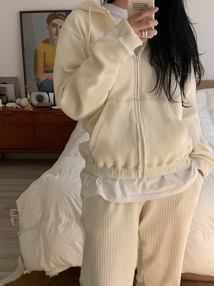 【Clearance Bargain】Corduroy Sporty Casual Set: Salt-Style Hooded Cardigan and Elastic Pants Two-Piece Set