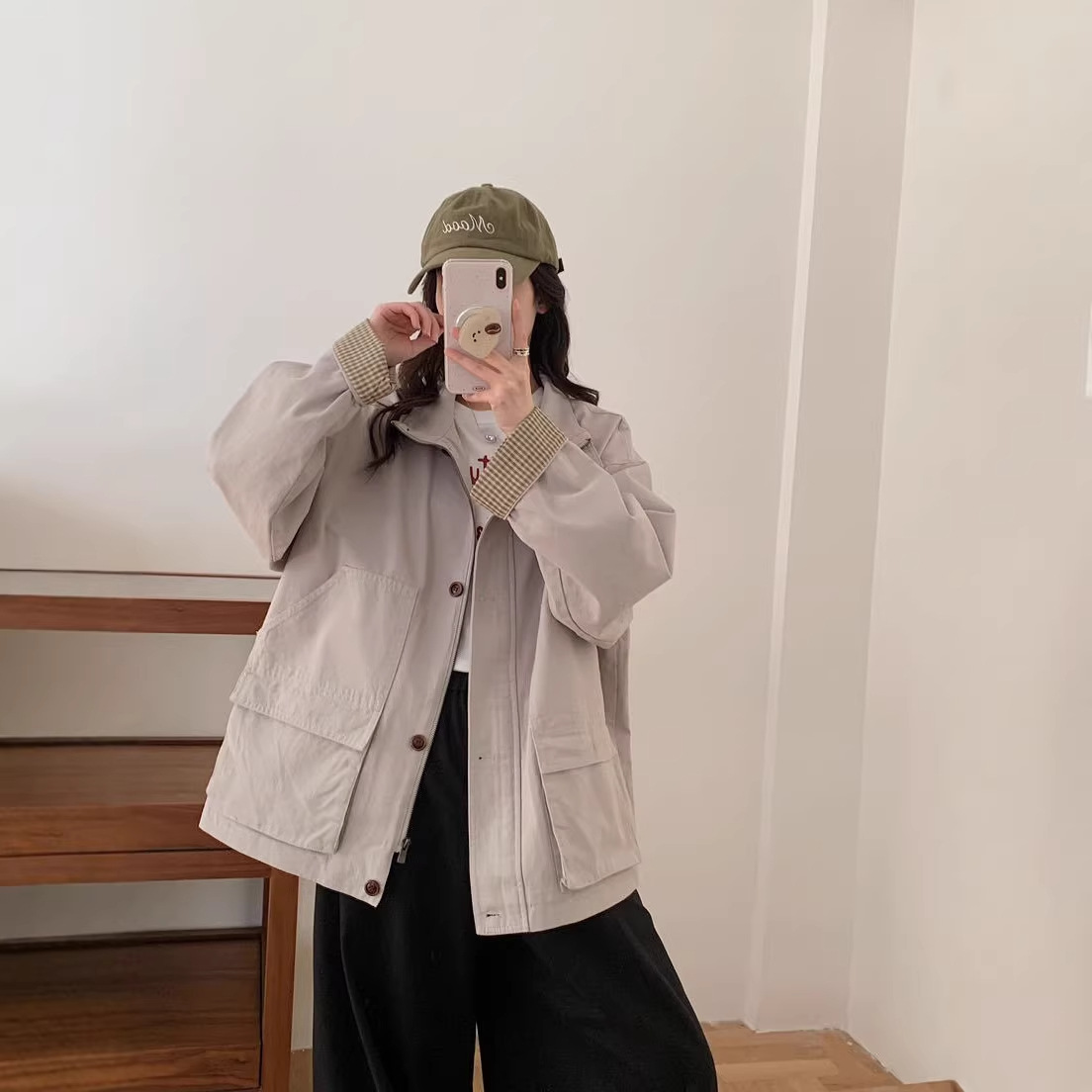 Korean Retro Stand-Up Collar Loose Casual Plaid Patchwork Mid-Length Trench Coat Jacket for Women Petite Jacket Top Spring