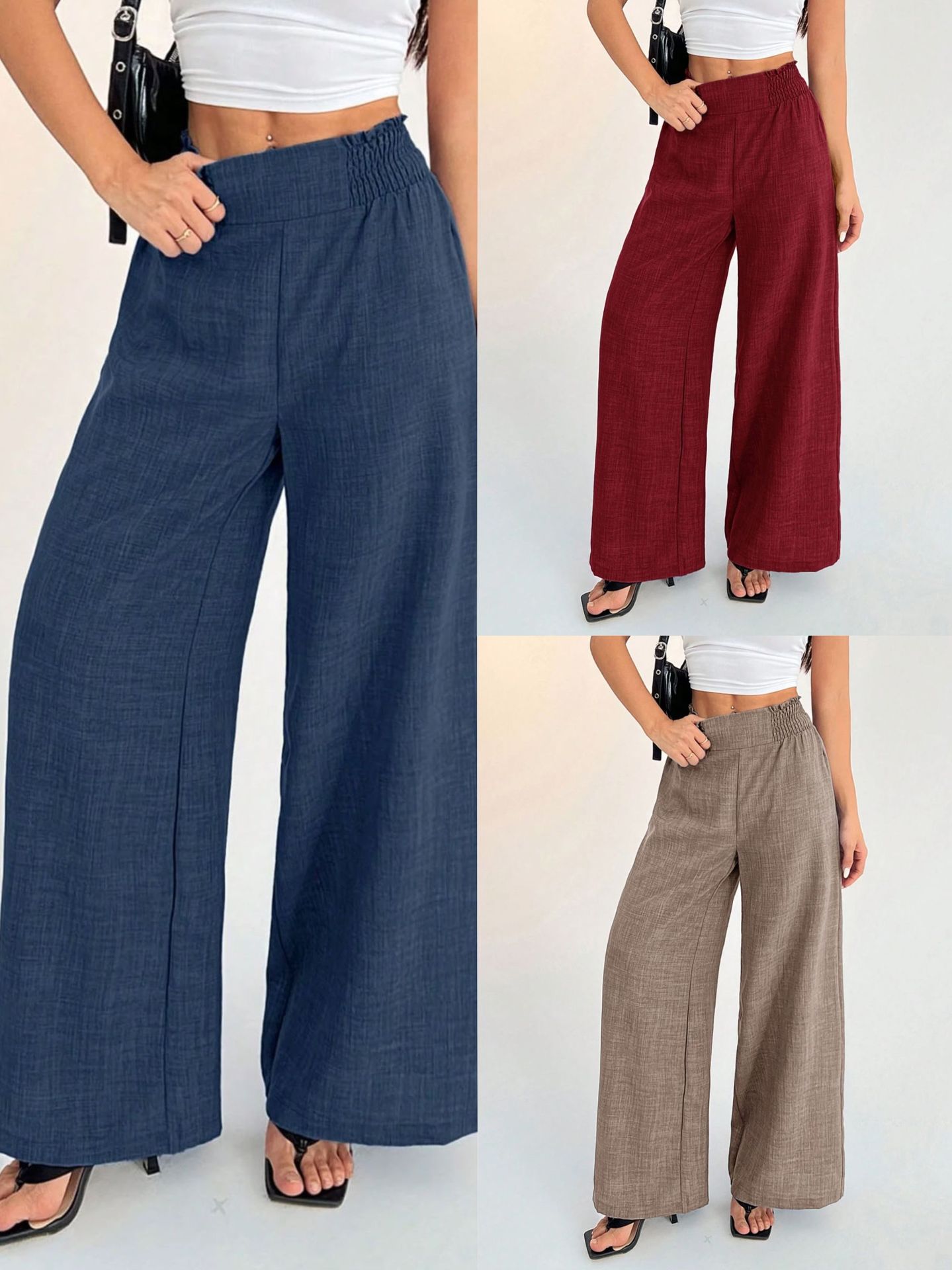 European and American Cross-Border Foreign Trade Women's Popular Independent Station Shein Amazon Temu Pure Color Elastic Wide-Leg Pants