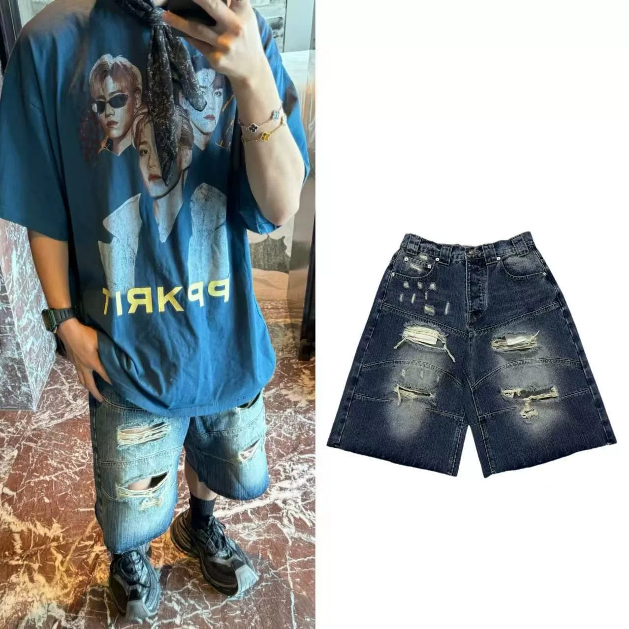 B Home 25SS Paris Style Heavy Industry Splicing Damaged Knife Cutting Damaged Bamboo Knot Hole Loose Cowboy Shorts Trendy