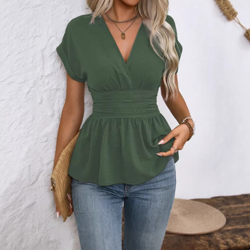 2026 Spring Cross-Border Amazon Independent Site Hot Sale V-Neck Waist-Cinching Solid Color Raglan Sleeve Pleated Hem T-Sleeve Women's Top