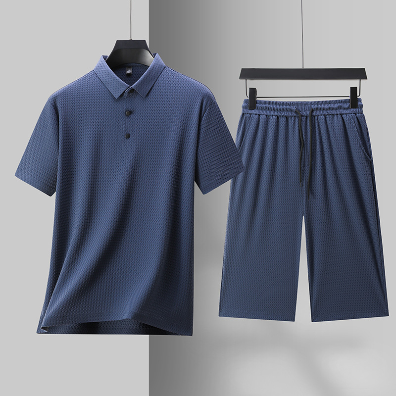Summer Short-Sleeved Men's T-Shirt and Shorts Set, Ice Silk Breathable Polo Two-Piece Set, Middle-Aged Dad's Casual Two-Piece Set