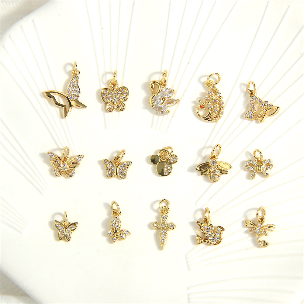 Color-preserving 18k gold-plated micro-inlaid zircon cross butterfly pendant diy handmade necklace small pendant accessories