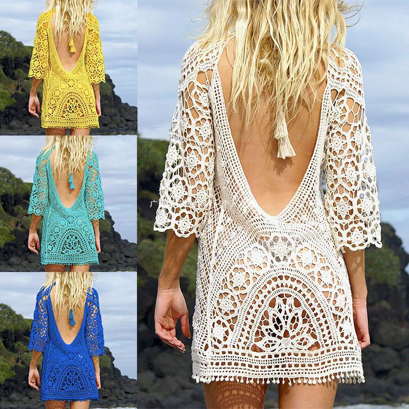 2024 European and American Sexy Backless Cut Out Lace Crochet Blouse Bikini Lace Skirt Cross-border Women's Clothing (6 Colors)
