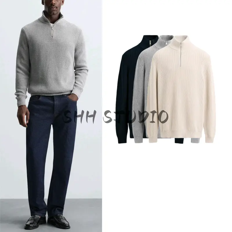 Autumn New Men's European and American Casual Half-High Collar Zipper Pullover Loose Knit Sweater 3332300