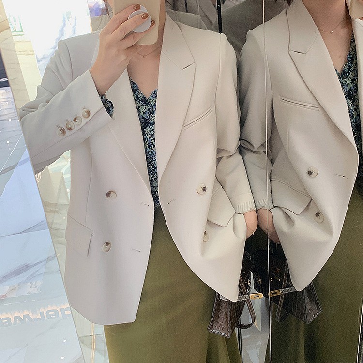 Simeng Small Suit Jacket Women's Spring and Autumn Korean Style Loose Straight Elegant White Suit Women's Black and White Suit