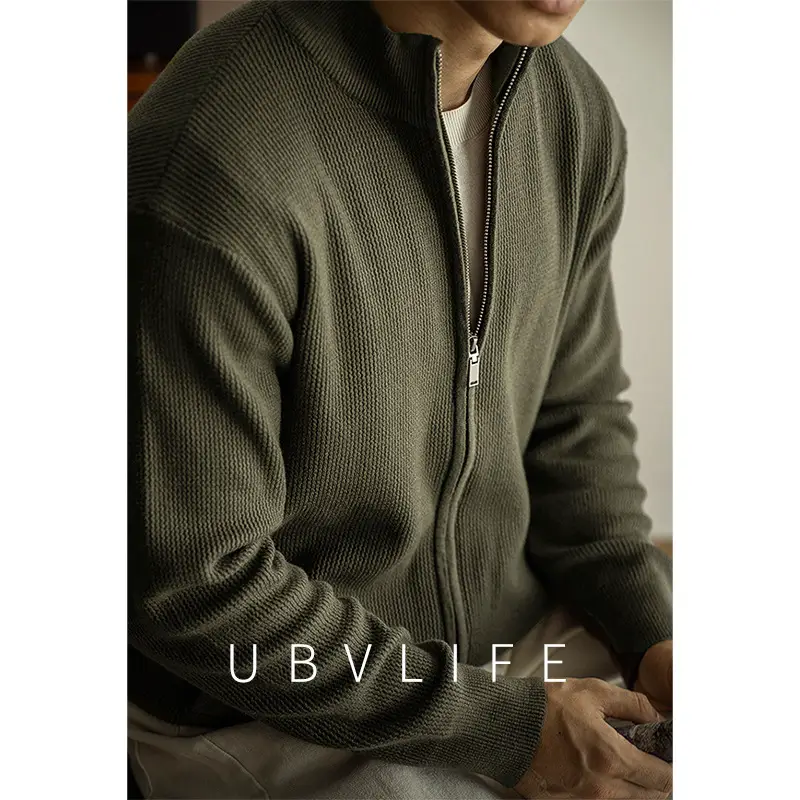 High-end cotton blend 14-needle textured stand-up collar zipper knitted cardigan men's 2025 fall old money wind casual jacket