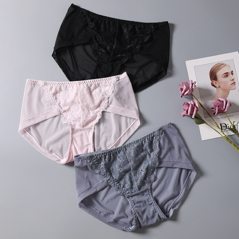 Silk mid-waist breathable underwear women's lightweight lace mesh hip shorts 100% mulberry silk crotch briefs