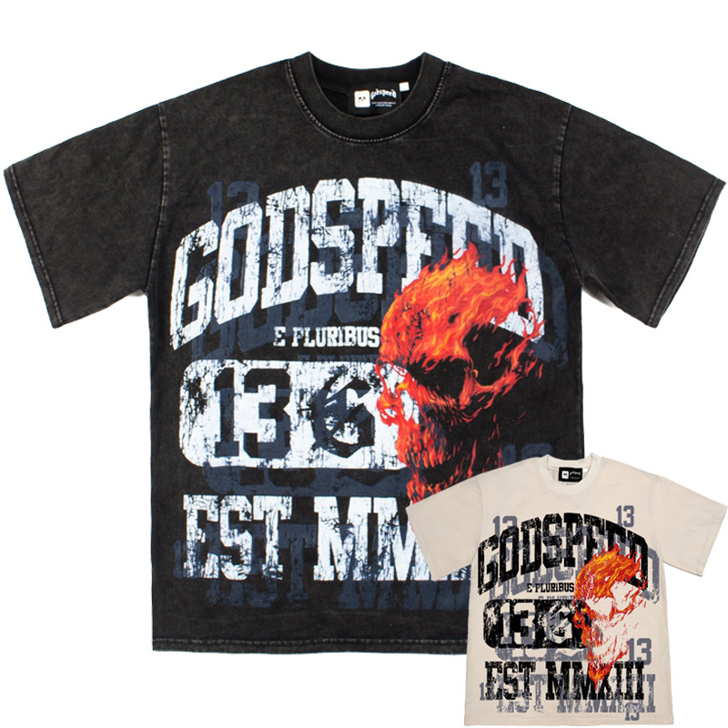 2026 Cross-Border American-Style Flame Skull No. 13 High Street Casual Loose Washed Retro Distressed Short-Sleeve T-Shirt Tee