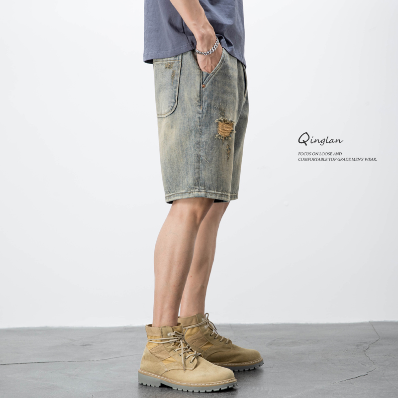 Rapped Denim Shorts Men's Trendy Brand Loose Casual Retro American Large Size Beggar's Pants Summer Thin Medium Pants
