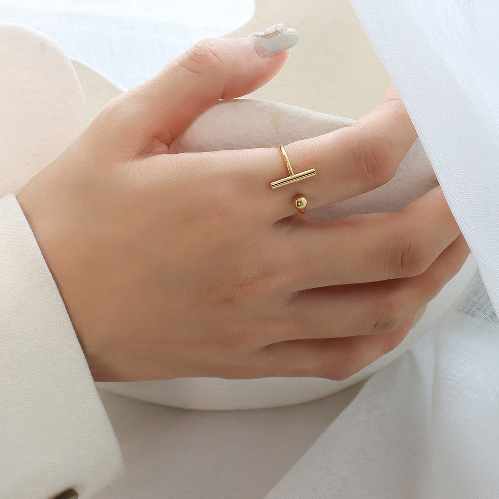 Japanese and Korean ins Wind ring Simple T-Shape Open ring Titanium Steel 18K Gold Finger ring Couple ring Tail ring