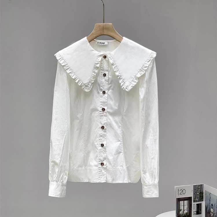 In Stock! Classic French Versatile Doll Collar White Ruffled Large Lapel Long-Sleeved Shirt for Women