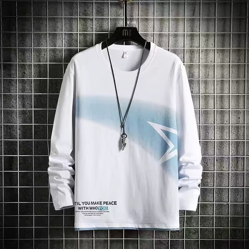 Spring and Autumn Thin Long-sleeved T-shirt Men's ins Trendy Autumn Clothes Fashion Gradient Printing White Base Shirt with Trendy Brand