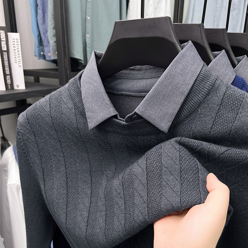 26 Years of New Styles: Single-Sided Knitted Faux Two-Piece Shirt Collar Jacquard Knitwear for Men, Long-Sleeve Youth Knitwear