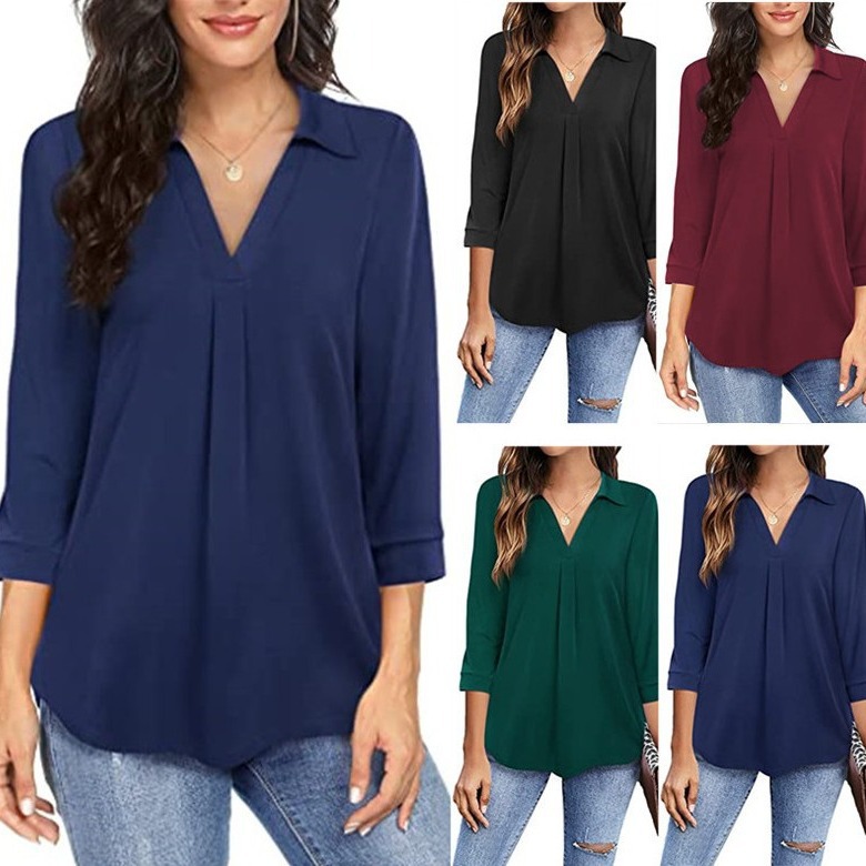 2024 Cross-border Amazon New European and American Elegant Chiffon Women's Button Loose V-neck Seven-point Sleeve Shirt Top