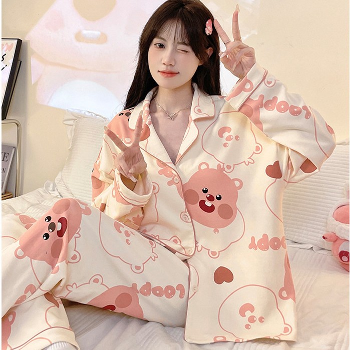 Imitation Cotton Milk Silk Pajamas for Women, Spring and Autumn Thin Long-Sleeved Long Pants Cartoon Pajamas for Female Students, Home Wear Set