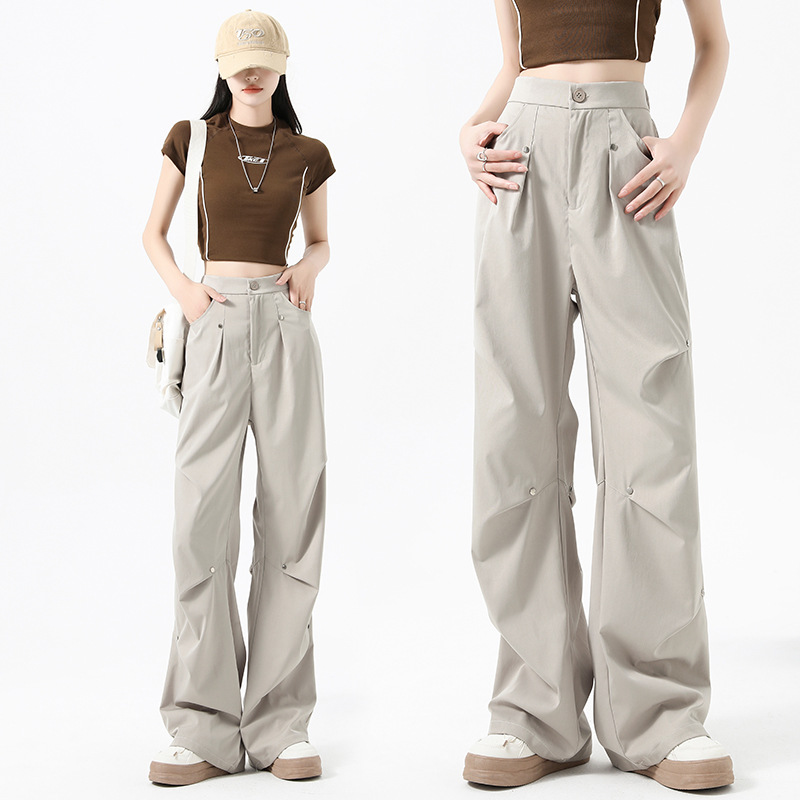 American-Style Rivet Work Pants for Women, Spring 2026 New High-Waisted Retro Casual Parachute Pants, Pleated Wide-Leg Women's Pants