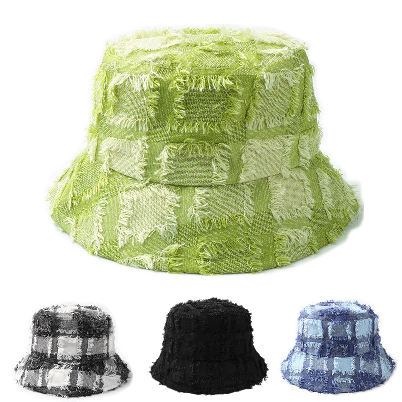 Korean Style Raw Edge Plaid Fisherman Hat for Women Cross-Border New Fashion Plaid Face-Showing Small Basin Hat Casual Sun Protection Hat