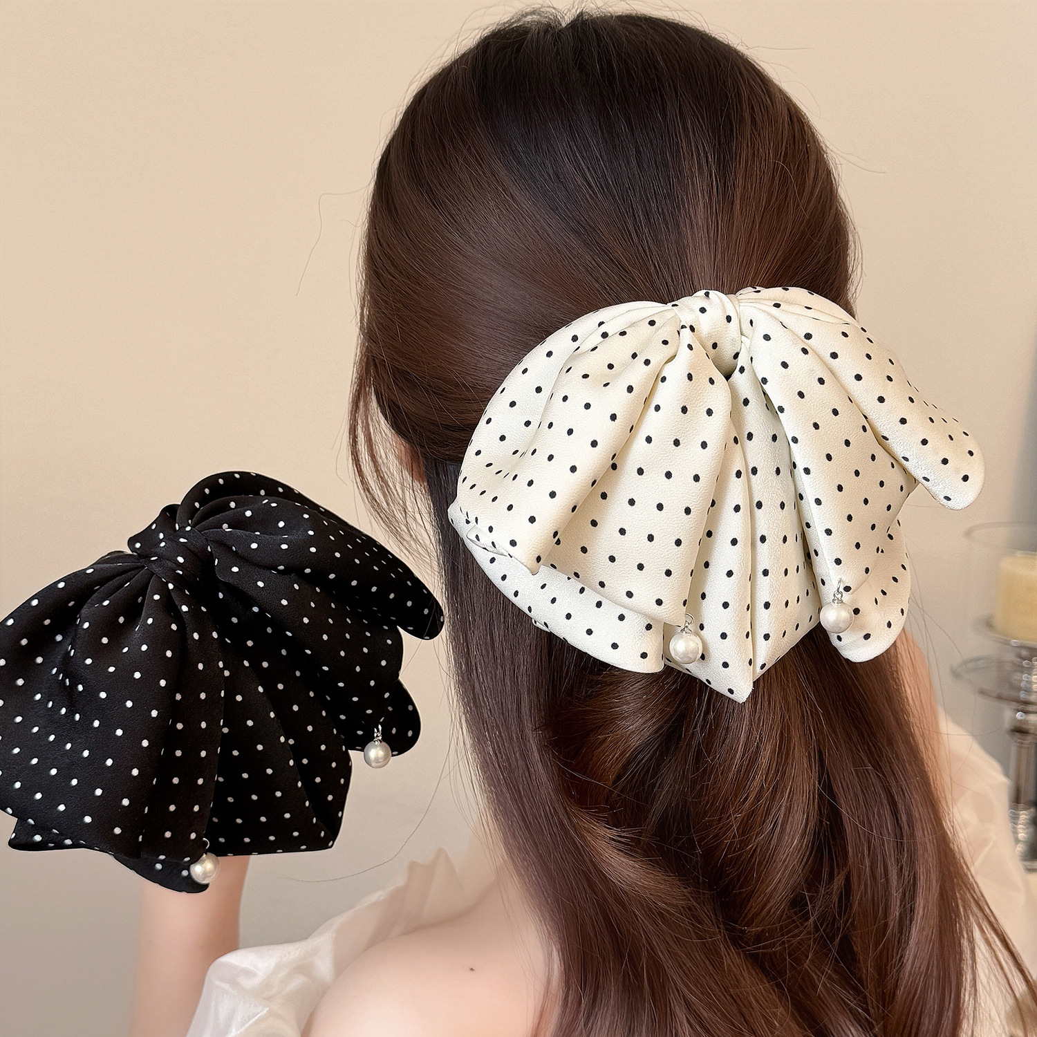 Small Polka Dot Ribbon Bow Pearl Ponytail Clip New Style Hairpin for the Back of the Head Fashionable Hair Clip Hairpin