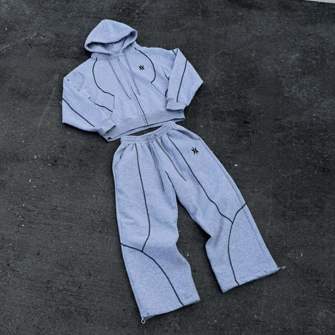 Street Style Hooded Cardigan Sweatshirt Unisex Loose Hooded Sweatpants Set High Street Design Long-Sleeved Sweatshirt