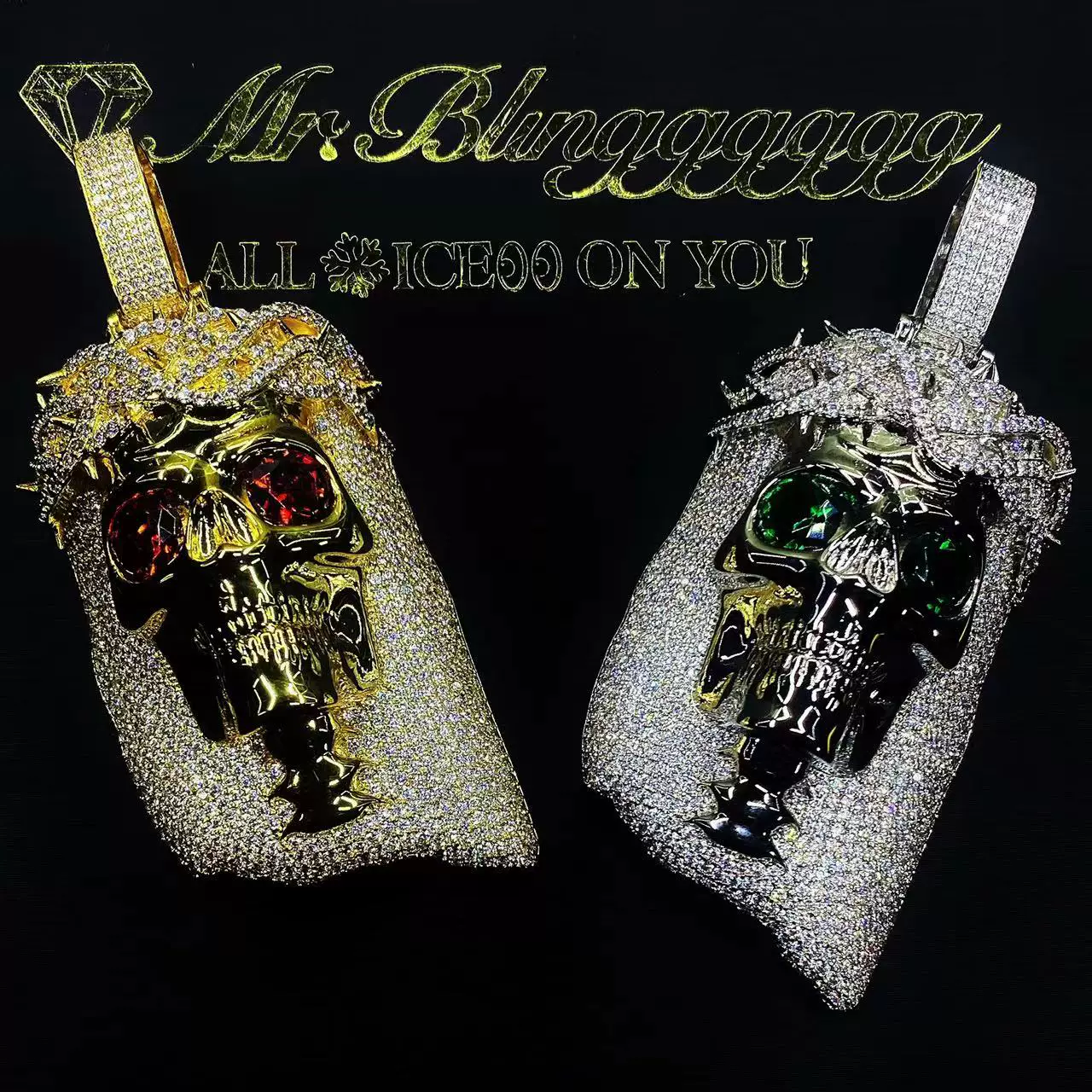 Mr. Blingggggg European and American hip-hop jewelry set with diamonds Easter skull head pendant domineering rap necklace