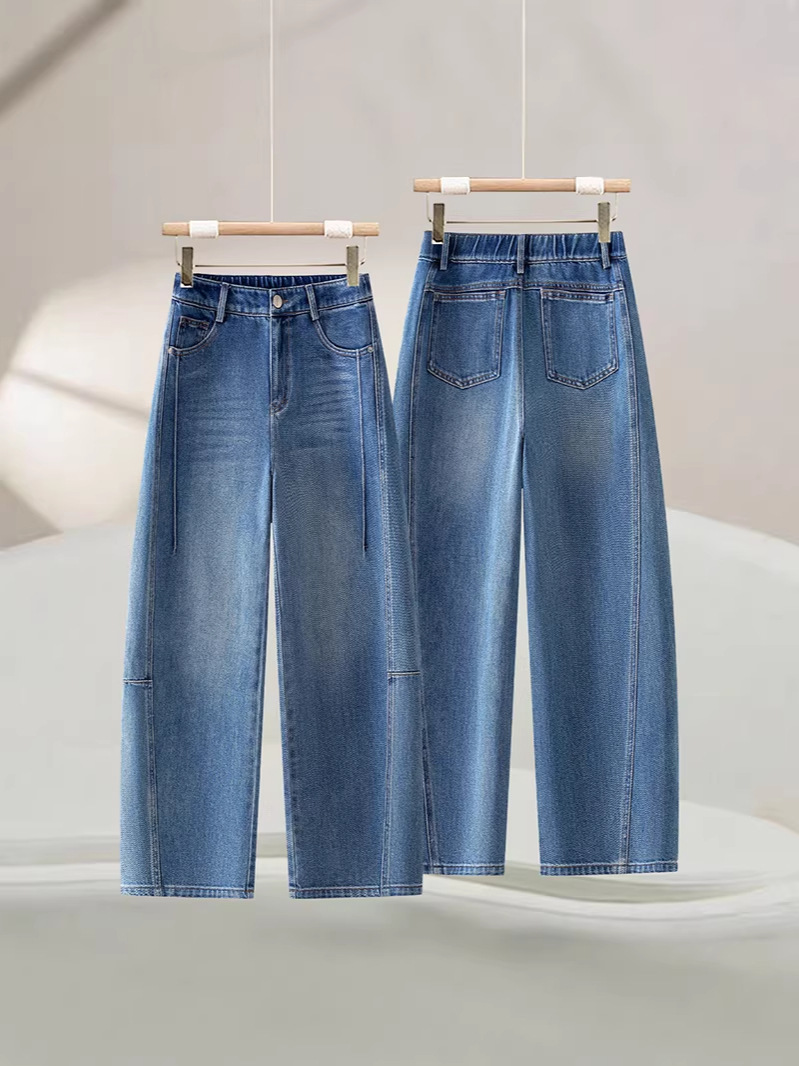 American-Style Curved Jeans for Women, Early Spring New High-Waisted Loose Blue Retro Design Wide-Leg Banana Pants 1688