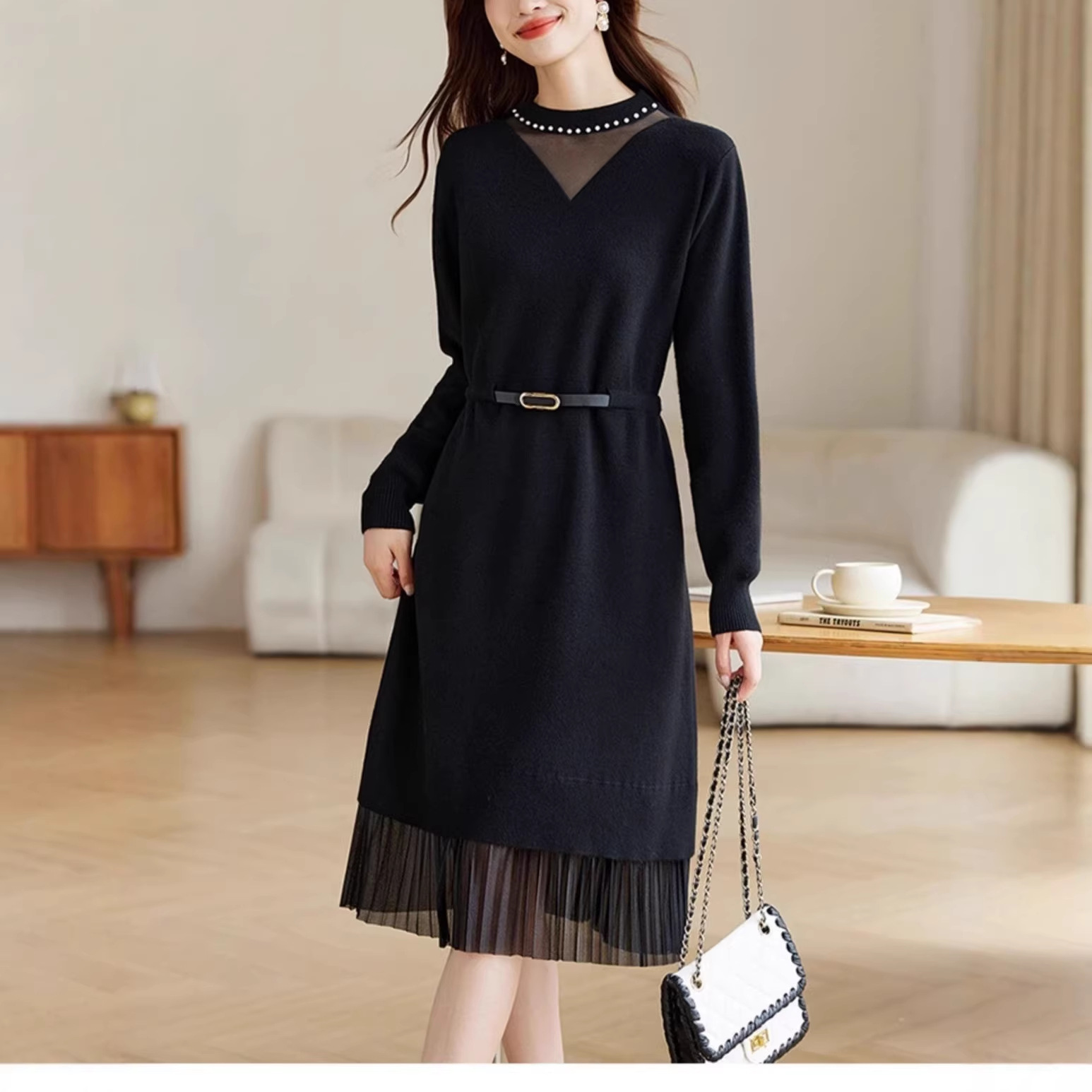 High-End Elegant Knitted V-Neck Dress for Women, New Autumn and Winter Style, Mid-Length, Mesh Patchwork, Solid Color Dress with a Belt Included