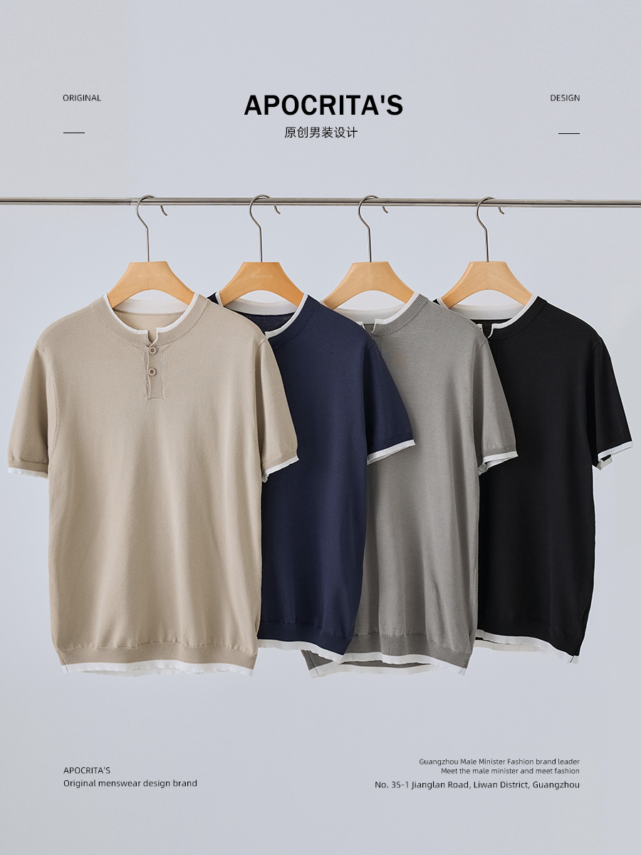 APO Men's | Knitted Short-sleeved T-shirt Men's Summer Trend Contrast Color Fake Two-piece Half-open Neck Slim Fit Inner Top