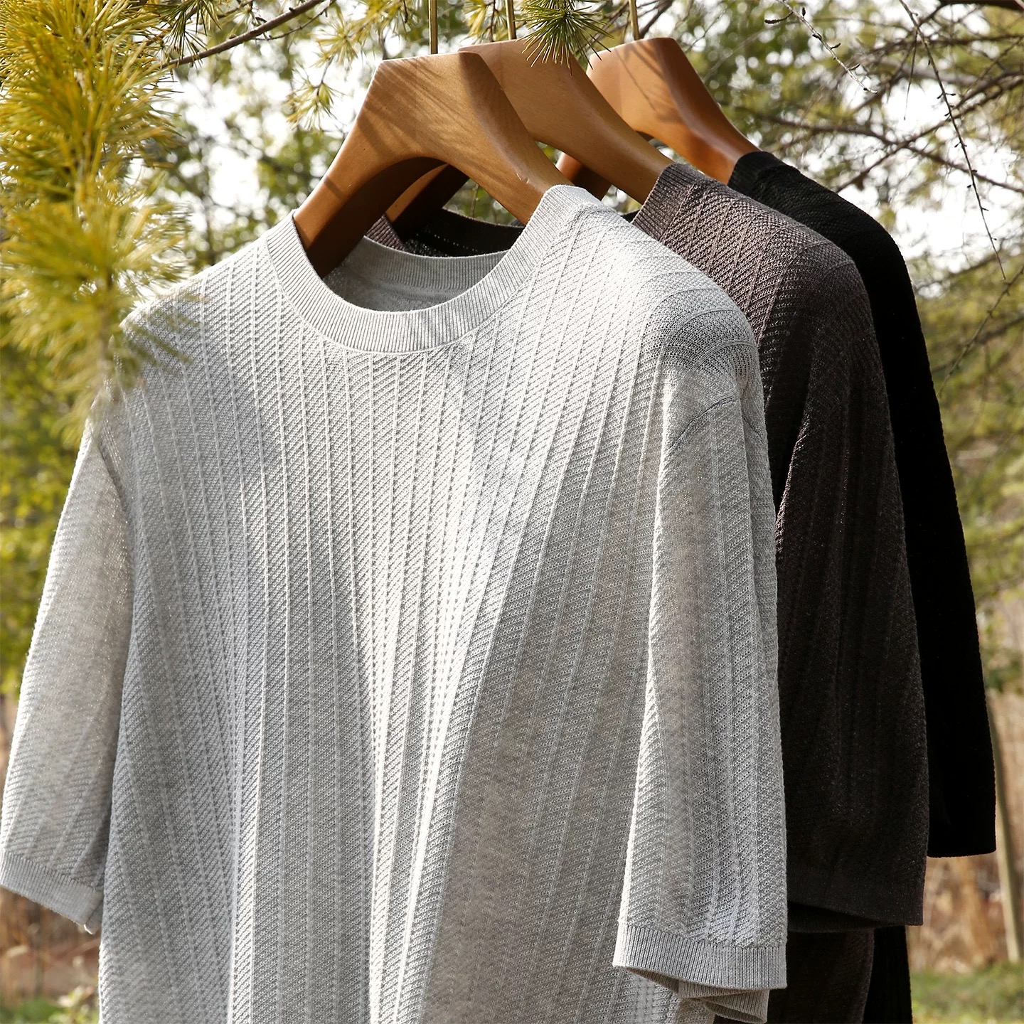 Jianheng Men's Old Money Style Crew Neck Short Sleeve Ribbed Knit T-Shirt, Plus Size Loose Fit Versatile Summer Tee