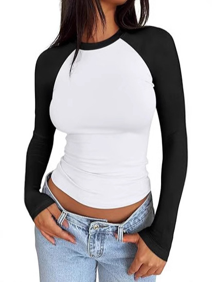 Cross-border European and American Women's Long-sleeved Shirt Autumn Hot Girl Slim-fit Stretch Color-matching Slightly Short Milk Silk Top