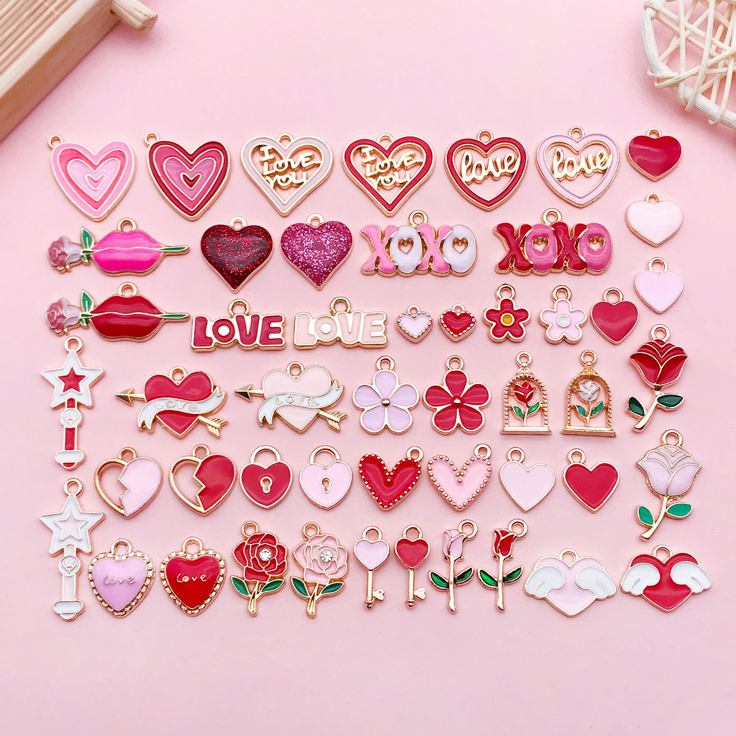 Oil-Drip Pink Valentine's Day Heart Rose Love Letter DIY Necklace Pendant Jewelry Accessories Zhongcheng