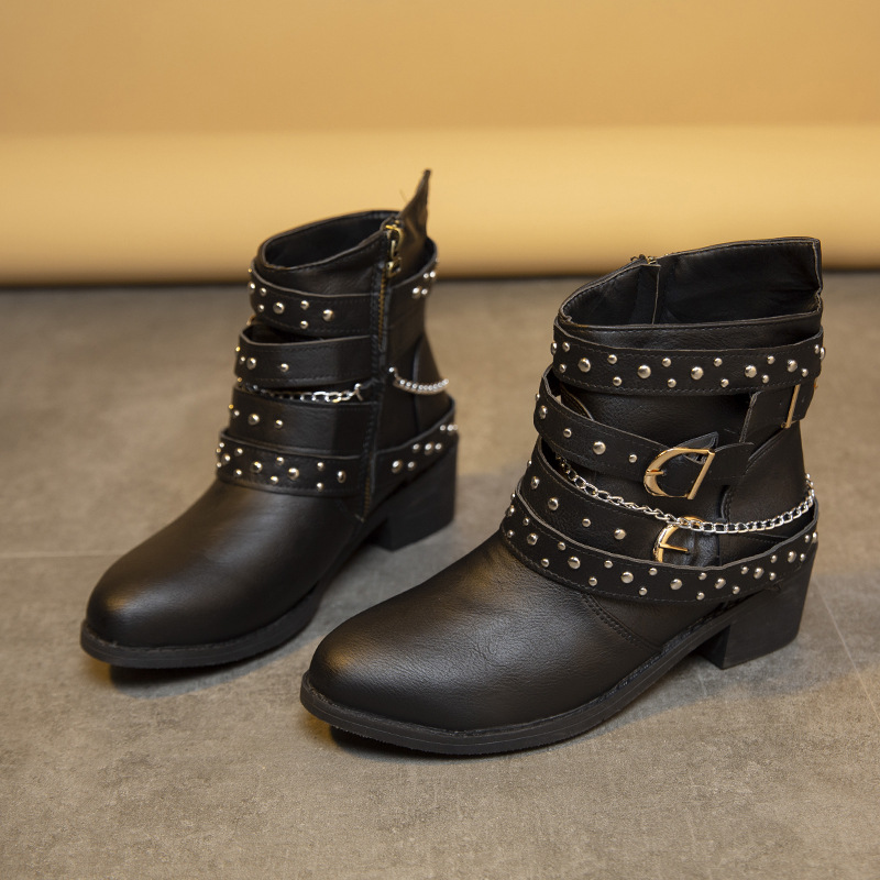 Cross-Border Martin Boots for Women 2025 Autumn New European and American Punk Style Rivet Casual West Coast Mid-Calf Boots Wholesale