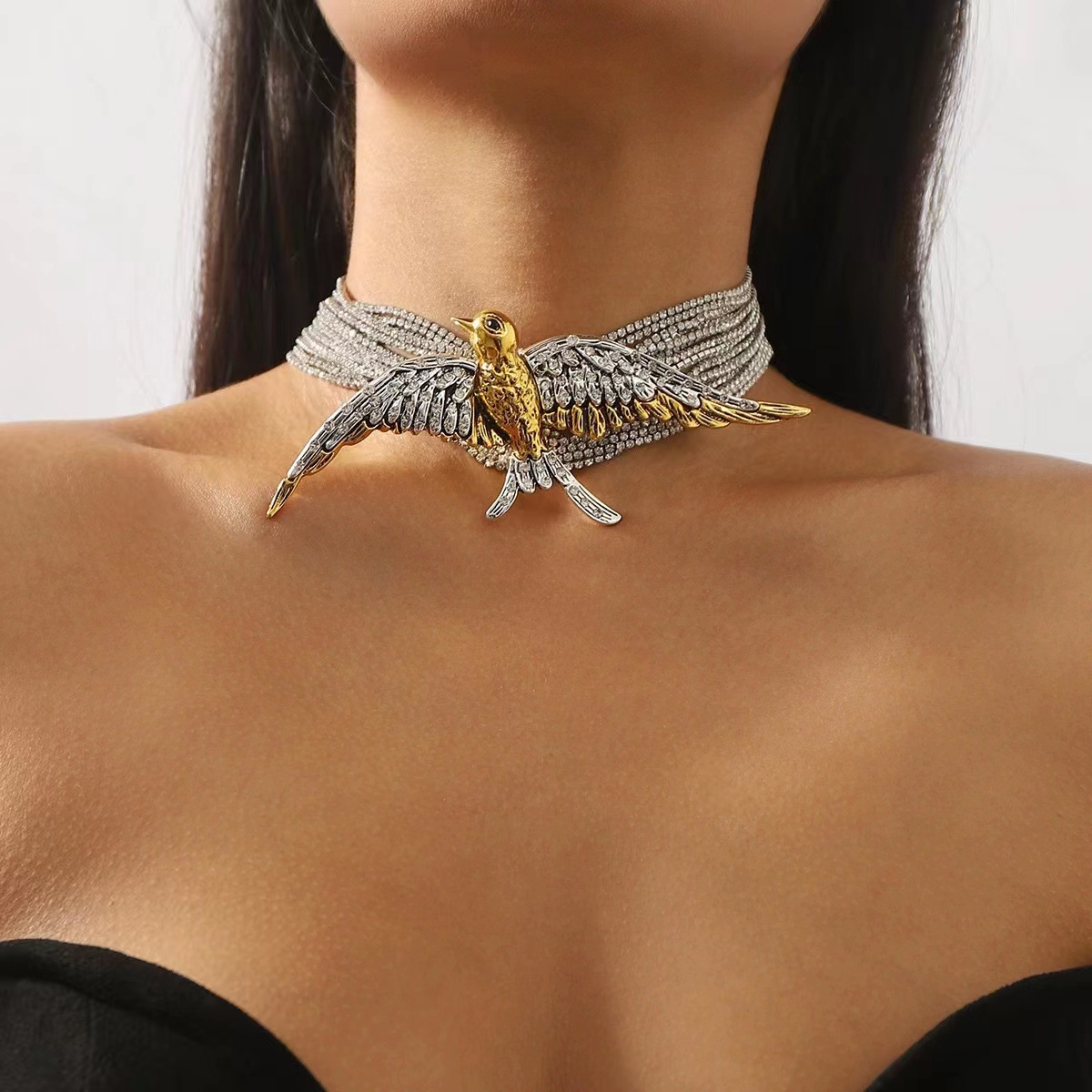 European and American personality exaggerated fashion bird swallow multi-layer diamond necklace fashion ladies temperament hot girl neck chain