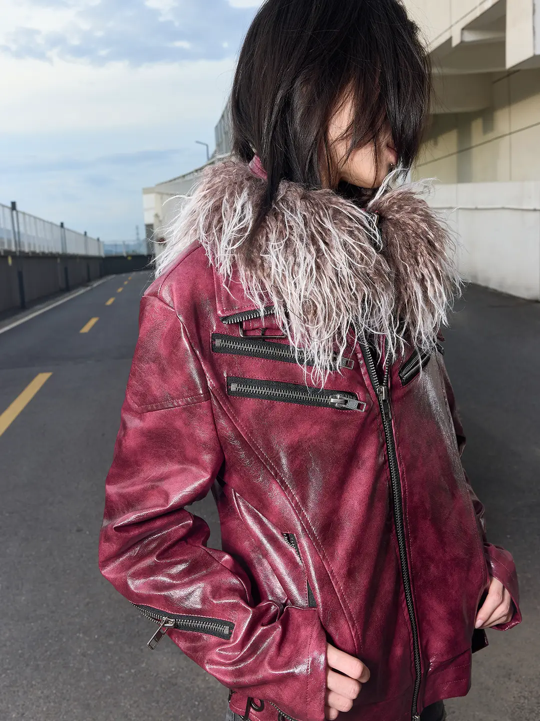 Lightinus* Blood-Blading Detachable Fur Collar Jacket Ykk Zipper Regular Shoulder Slim Fit Leather Jacket
