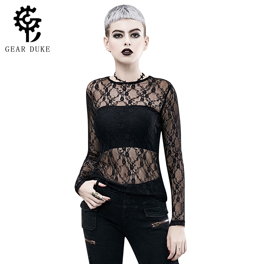 TEMU Hirsch Cross-border Source Halloween Hollow Perspective Lace Long Sleeve Court Gothic Style Stage Performance T-shirt