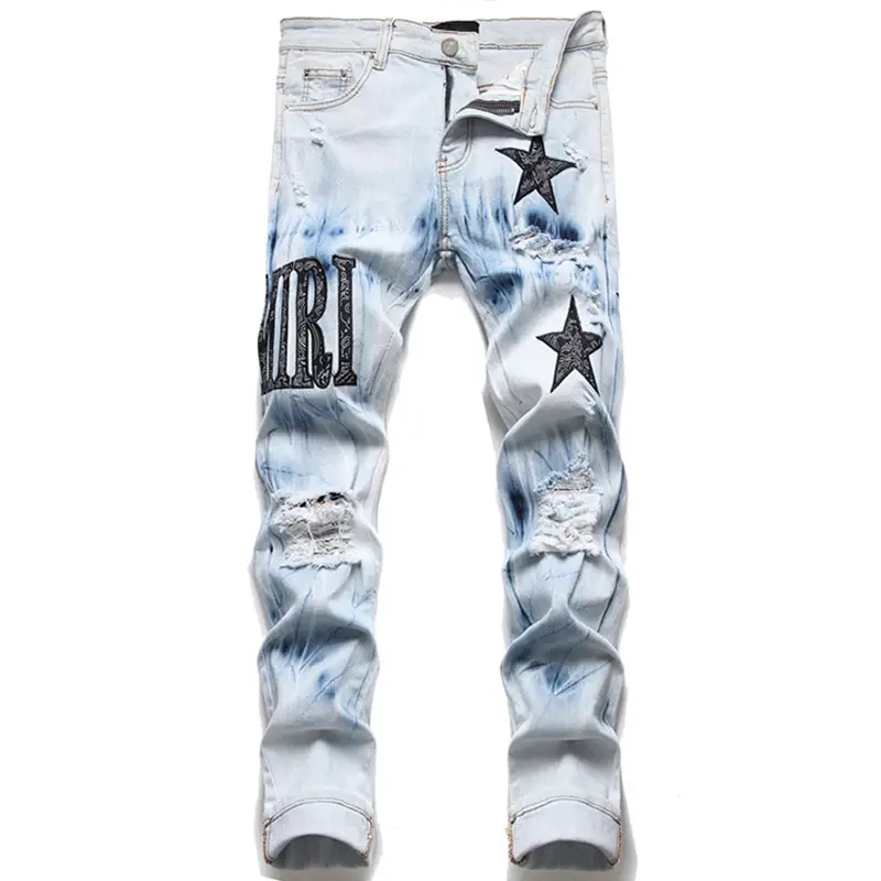 European and American Trendy Brand Spring &amp; Fall Five-Pointed Star Patch Embroidered Slim Jeans for Men with Tie-Dyed Holes and Small Feet Export Long Pants