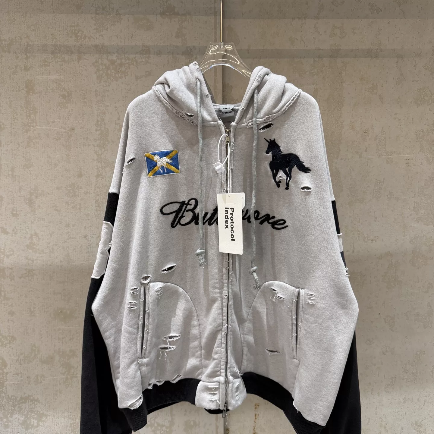 Correct version: Protocol Index Project G/R, worn, damaged, spliced, zipper, hooded sweatshirt for men